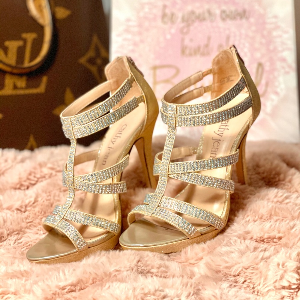 Sparkly Jeweled Gold Strappy Heels W/ Zipup Back
